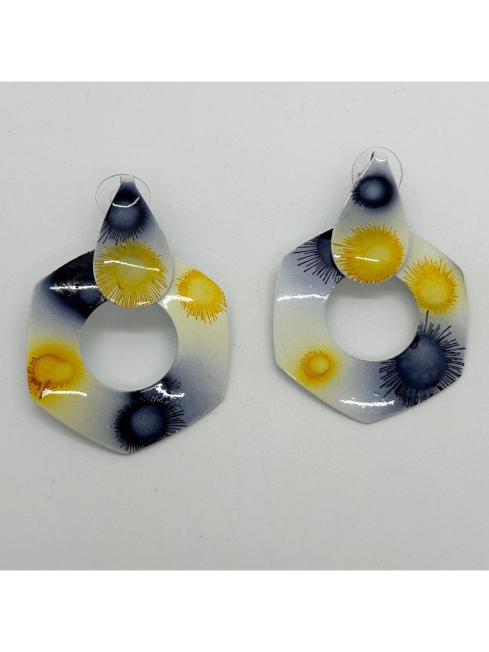 Modernist Blue Yellow Acrylic Hexagon Geometric Statement Earrings Abstract